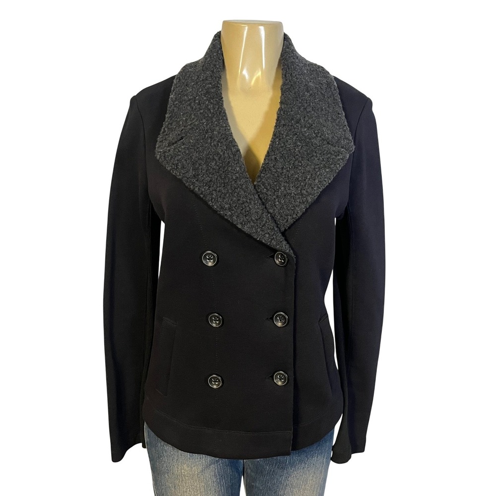 James Perse Double Breasted Knit Pea Coat Black Gray Wool Collar Size Medium